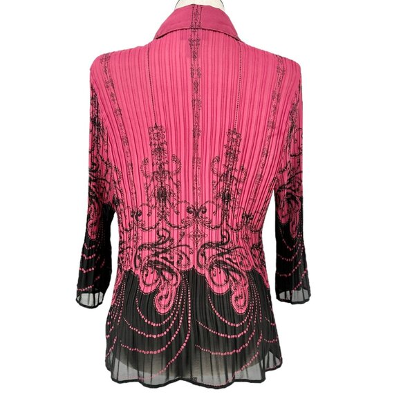 Lane Bryant Womens 18/20W Blouse Dark Pink Black Sheer Button-Down 3/4 Sleeves - Picture 3 of 8